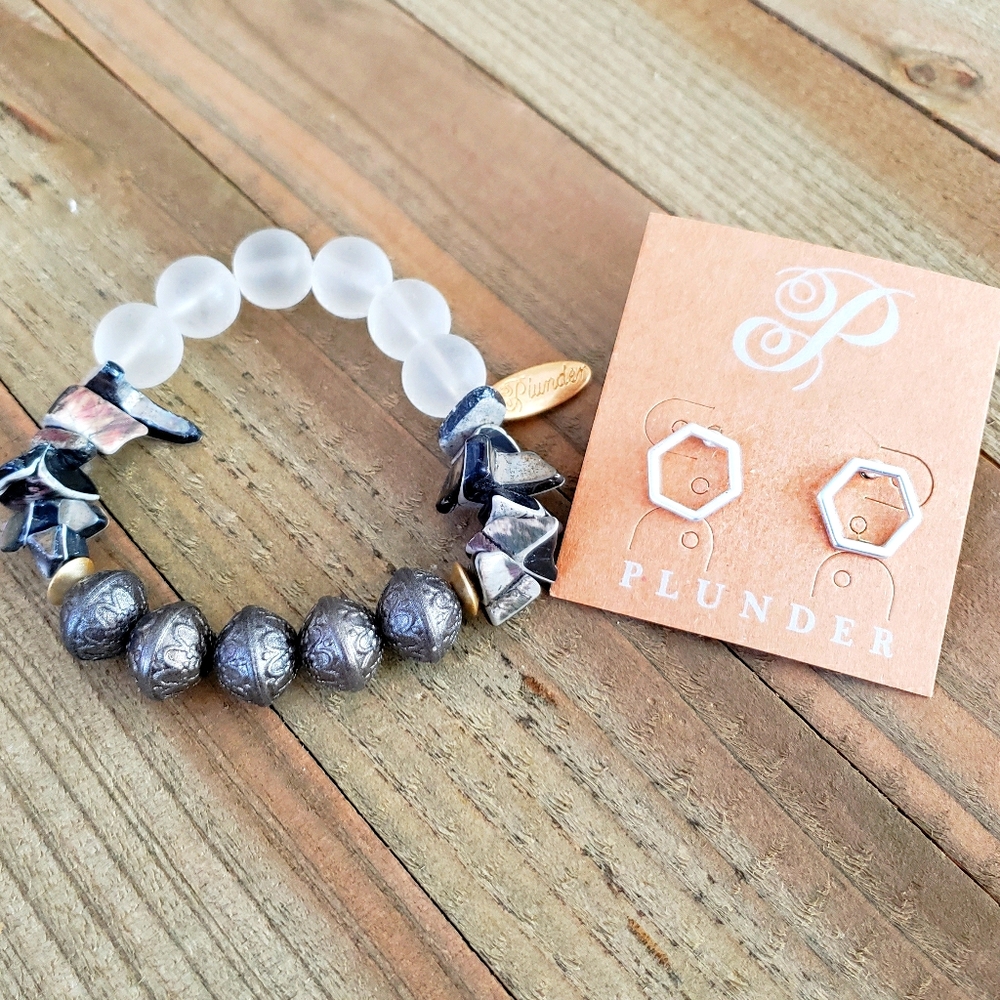 NIB Plunder Design silver earrings & bracelet set
